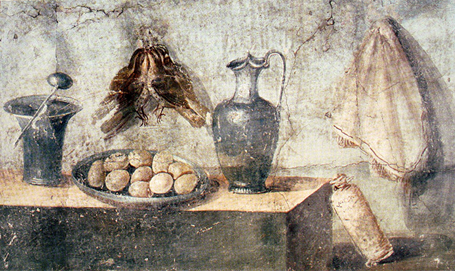 Still life with eggs birds and bronze dishes Pompeii