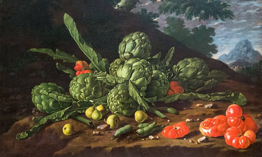 Still Life of Artichokes and Tomatoes in a Landscape