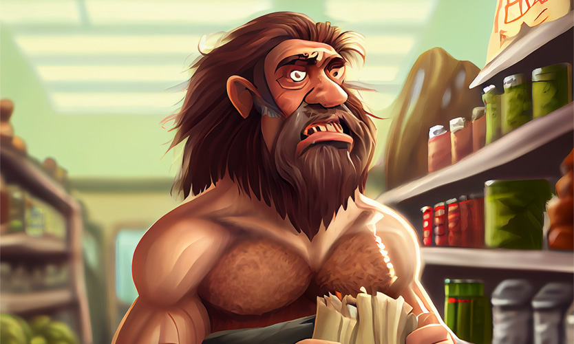 the2ndchapai bewildered caveman in supermarket character design