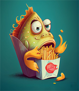 the2ndchapai fish eating french fries character design