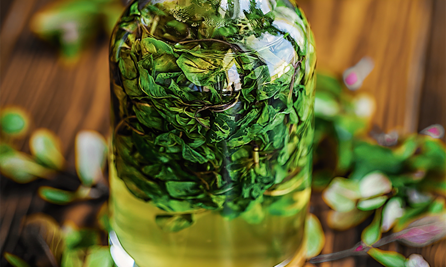 stock photo mint syrup in a glass bottle on a wooden table